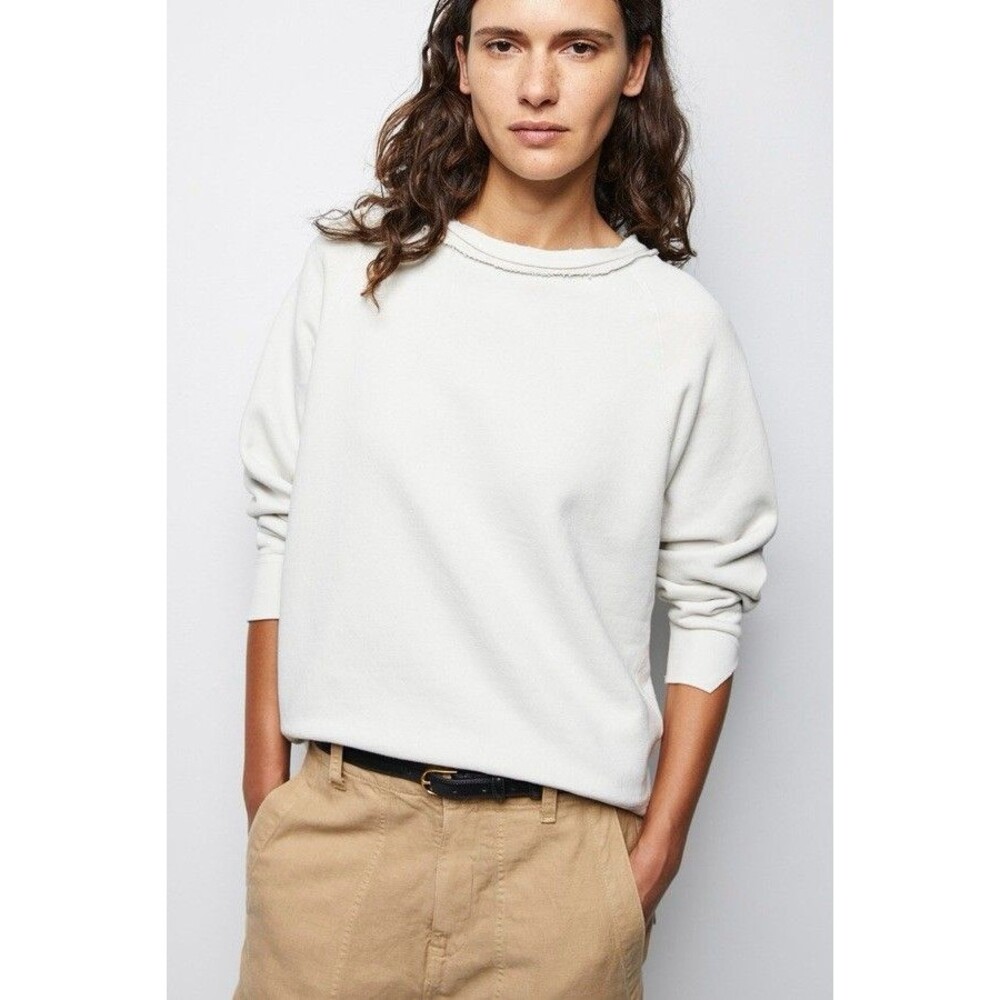 Nili Lotan Luka Scoop Neck Pullover Sweatshirt Chalk White Distressed Cotton XS